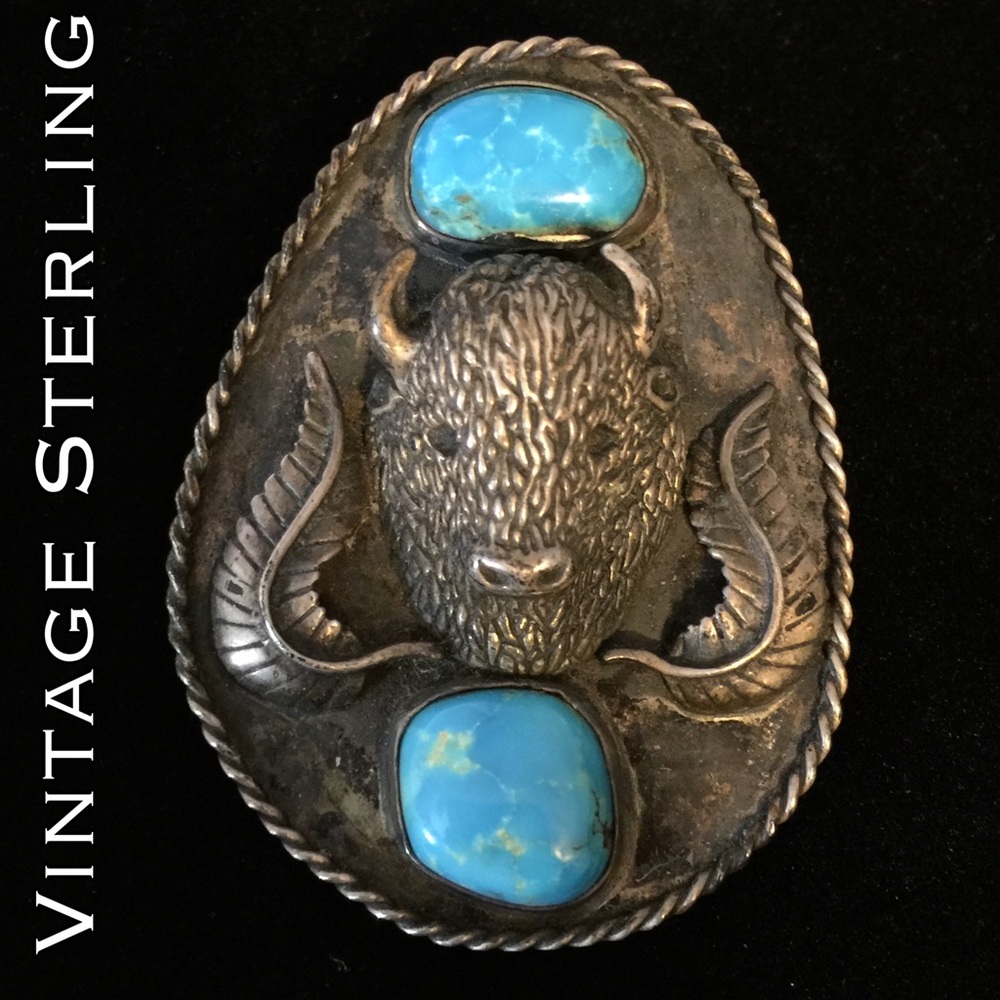 Vintage Sterling Buffalo Turquoise Bolo Holder